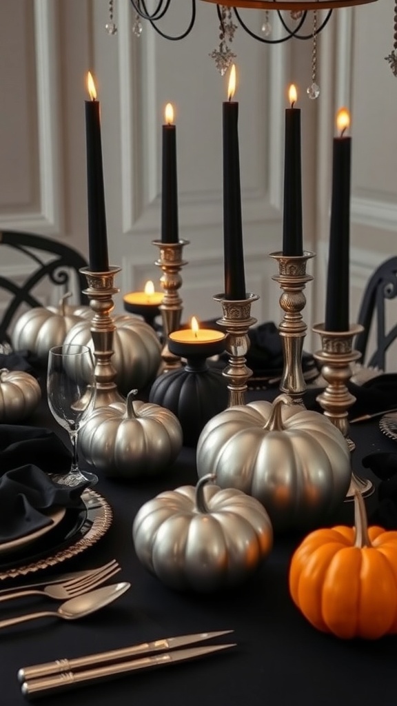 A Halloween table centerpiece featuring silver pumpkins, black candles, and elegant tableware.