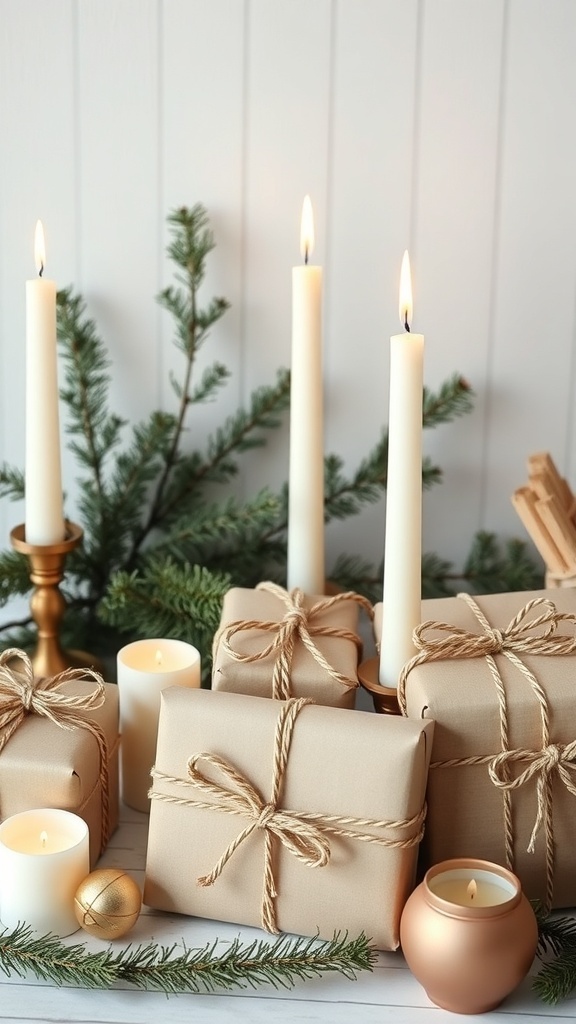 A minimalist Advent display featuring tall candles, wrapped gifts, and fresh greenery.