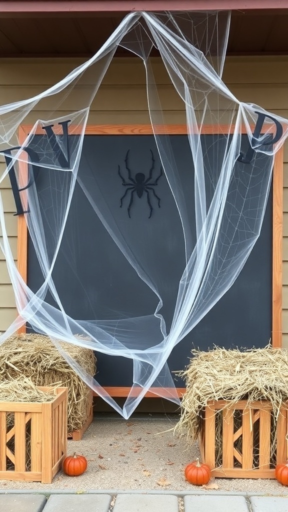 A Halloween porch setup with spider webs, hay bales, and pumpkins.