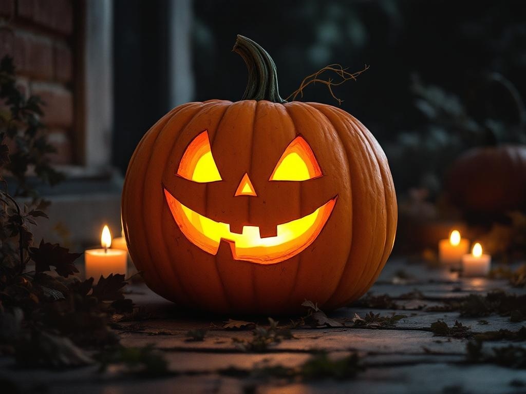 A carved pumpkin with a simple face, glowing from within, surrounded by candles.