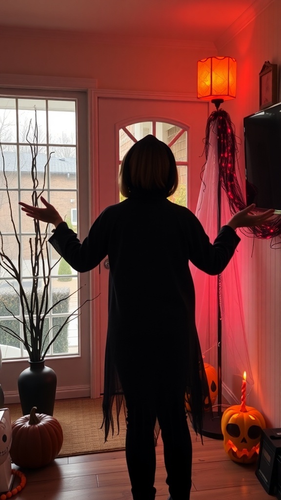 Person in a spooky outfit standing in a decorated entryway with pumpkins and red lighting.