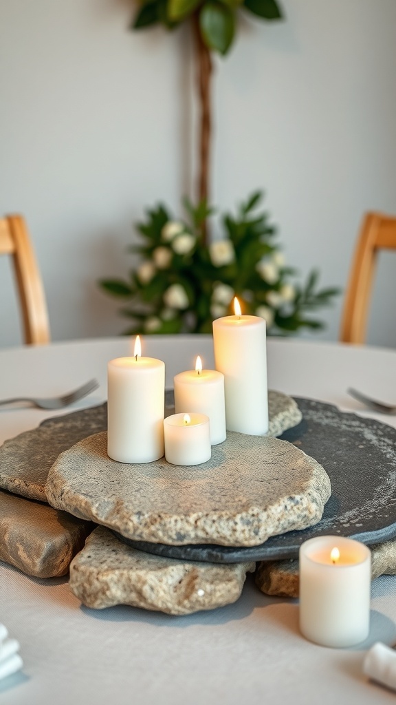 A simple stone centerpiece with candles on a dining table, featuring various sizes of white candles on textured stone slabs.