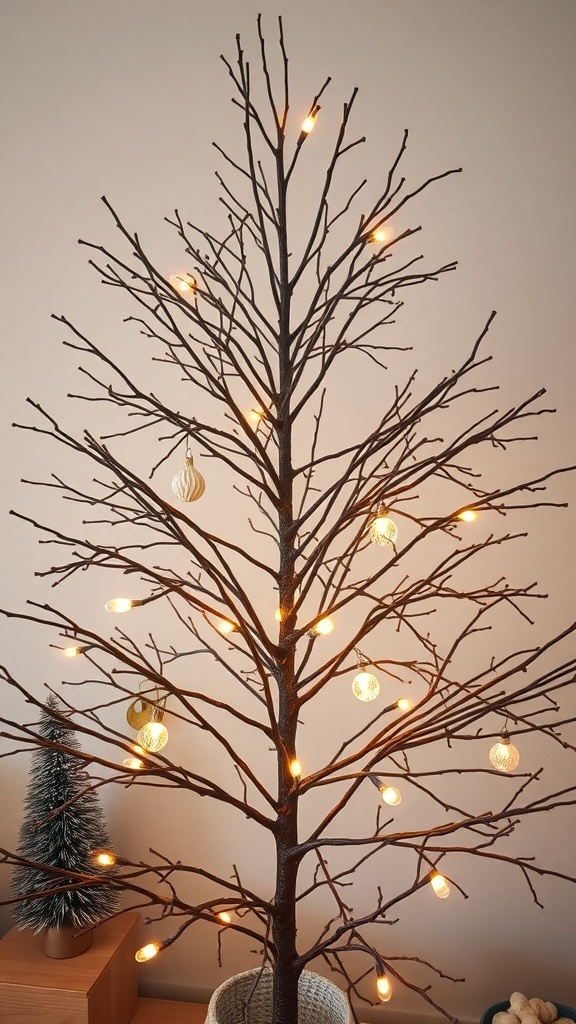 A minimalist Christmas tree made of bare branches adorned with warm fairy lights and a few neutral ornaments.