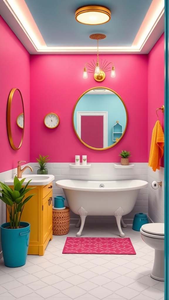 A vibrant bathroom featuring pink walls, a blue ceiling, a yellow vanity, and colorful accessories.