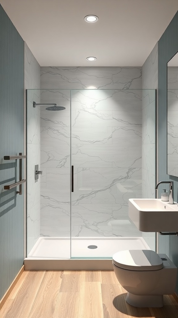 Modern bathroom featuring a single glass shower panel, minimalist design, and wooden flooring.