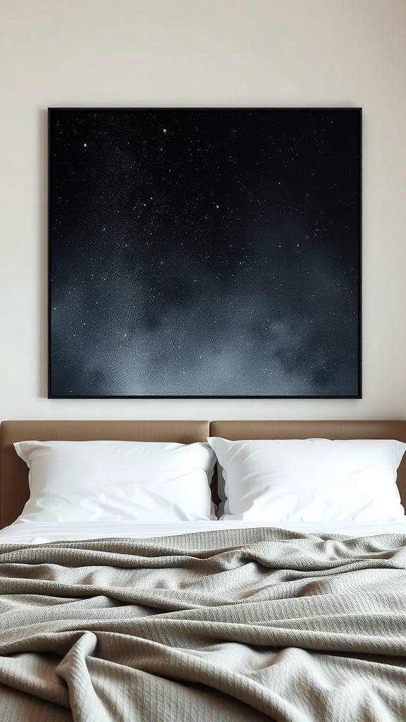 A large canvas of a starry night sky above a neatly made bed with white pillows and a textured blanket.