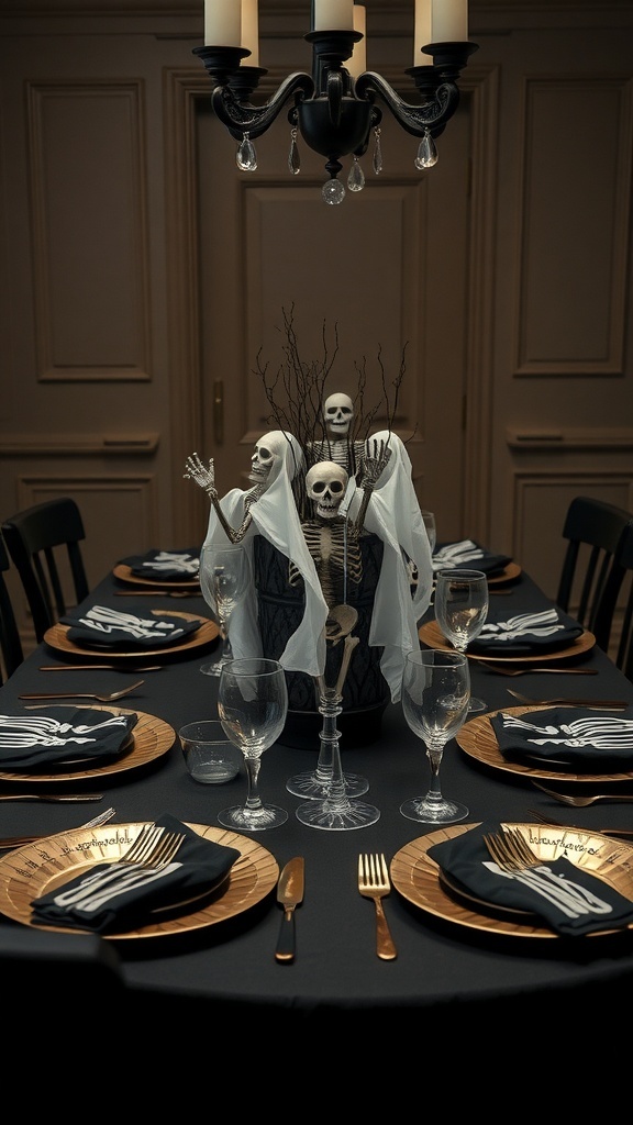 A spooky Halloween table setting featuring skeletons, black tablecloth, wooden plates, and eerie decorations.