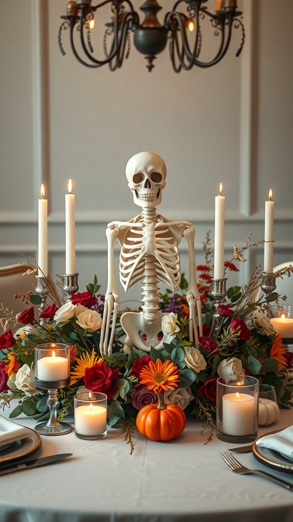 A skeleton centerpiece surrounded by flowers and candles on a dining table.