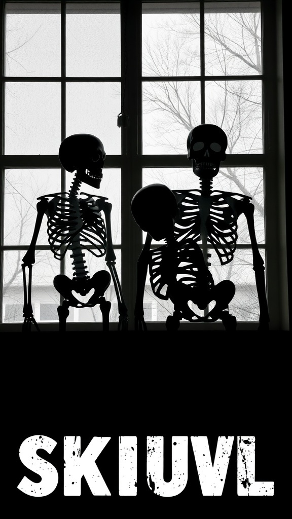 Silhouettes of skeletons in a window creating a spooky Halloween vibe.