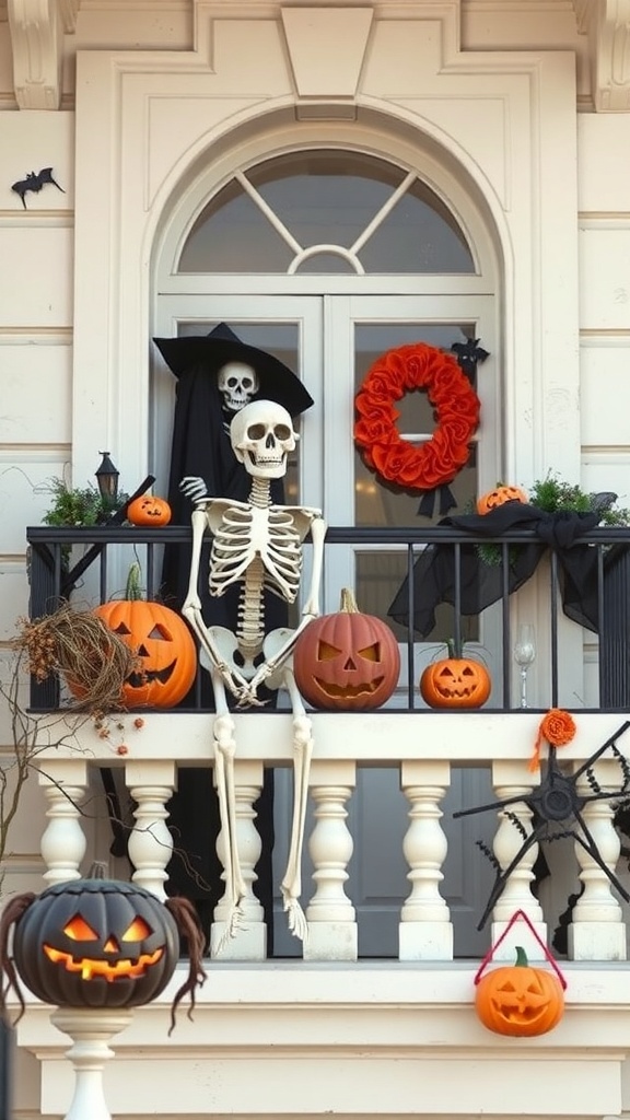 A Halloween balcony decorated with a skeleton, pumpkins, and spooky decor.