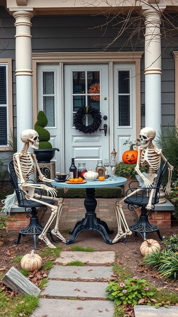 A Halloween yard decoration featuring two skeletons at a tea party table with pumpkins and treats.