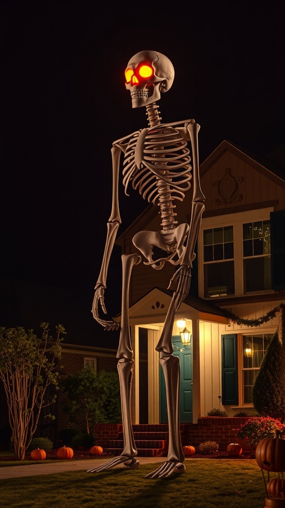 A tall skeleton with glowing LED eyes standing in a front yard at night.