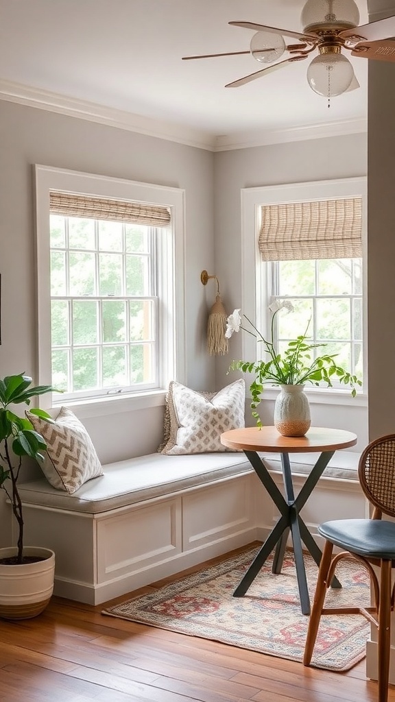 Cozy breakfast nook with built-in seating, featuring cushions and a round table.