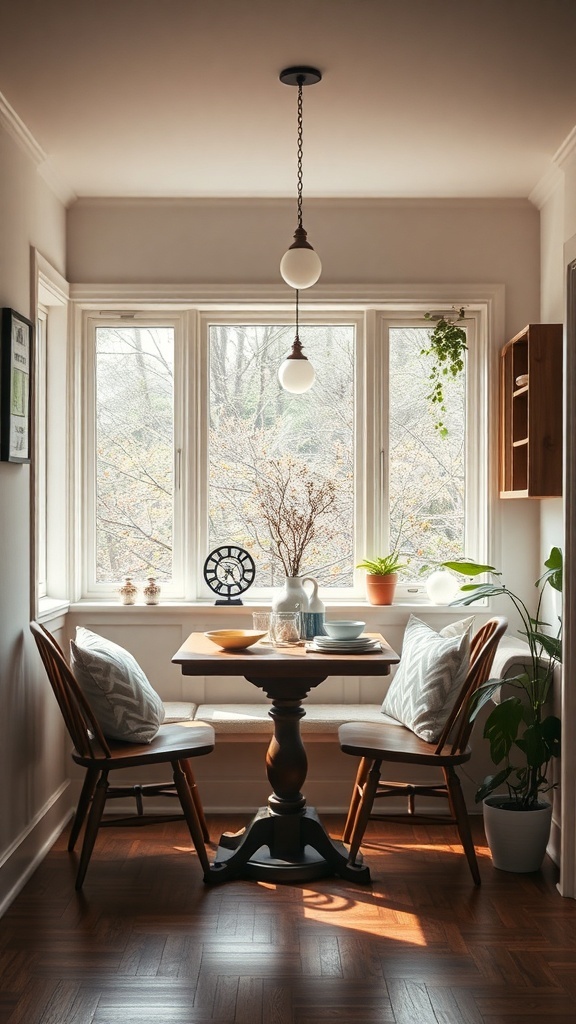 A cozy breakfast nook with a small table, two chairs, and decorative elements like plants and a clock.
