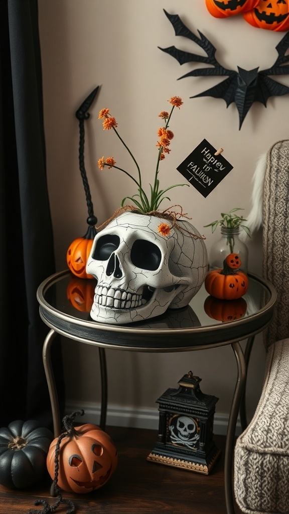 A decorative skull planter with flowers, surrounded by Halloween decorations like pumpkins and bats.