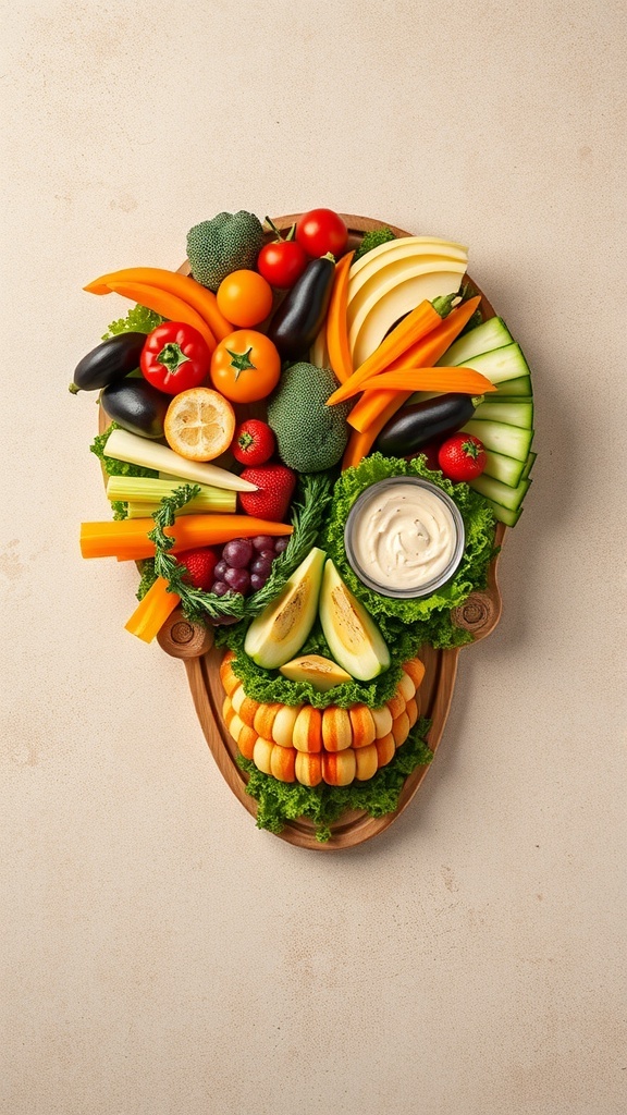 A creative Skull Veggie Platter made of colorful vegetables arranged in the shape of a skull, featuring a creamy dip in the center.