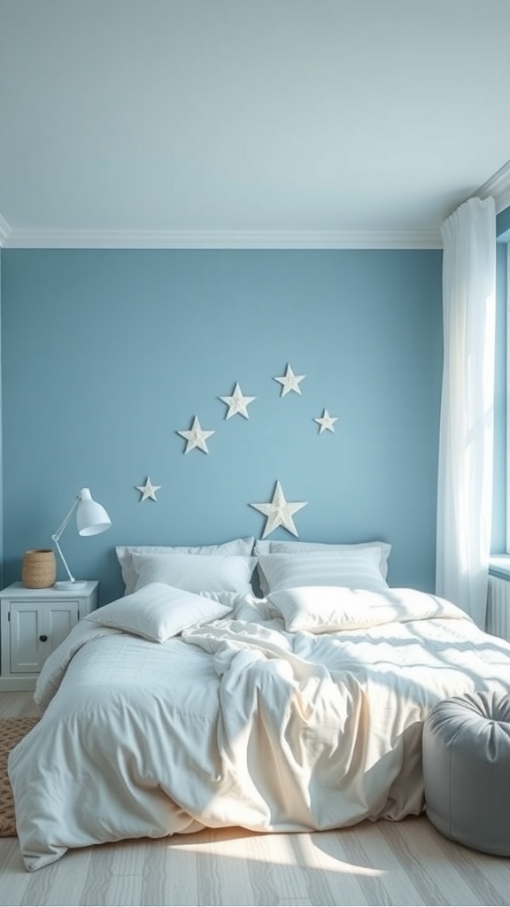 A serene bedroom with sky blue walls, white bedding, and star decorations.