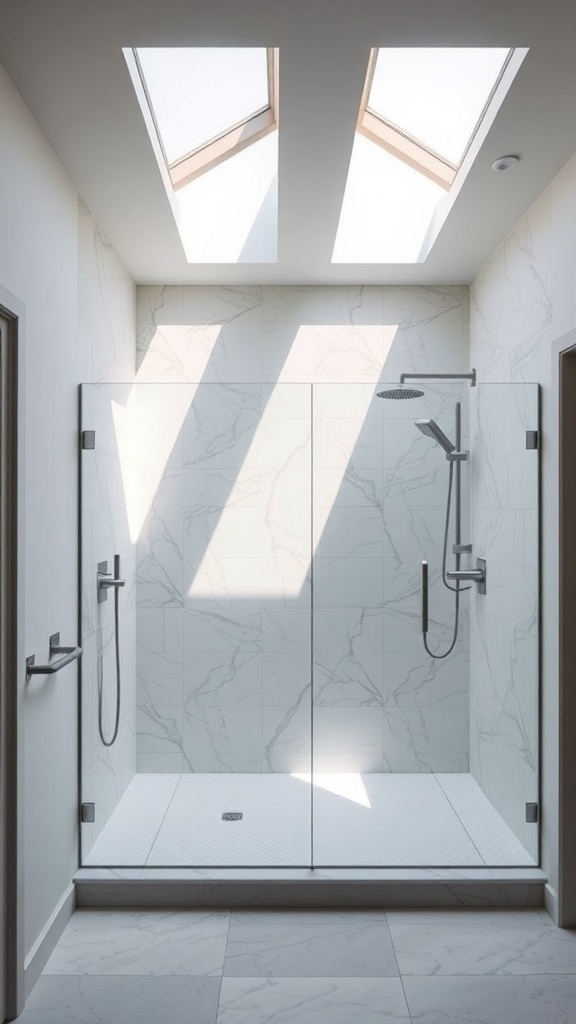 A modern double shower with skylights, featuring marble walls and glass doors.