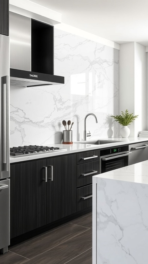 Modern kitchen with a marble slab backsplash, dark cabinetry, and stainless steel appliances.