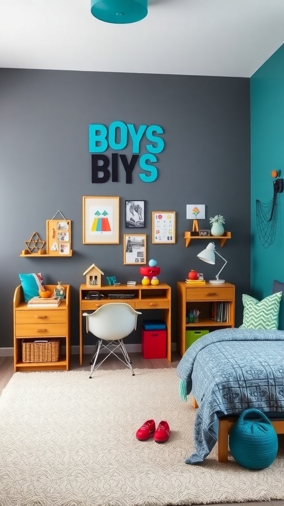 Boys room featuring slate gray walls with teal highlights and playful decor.