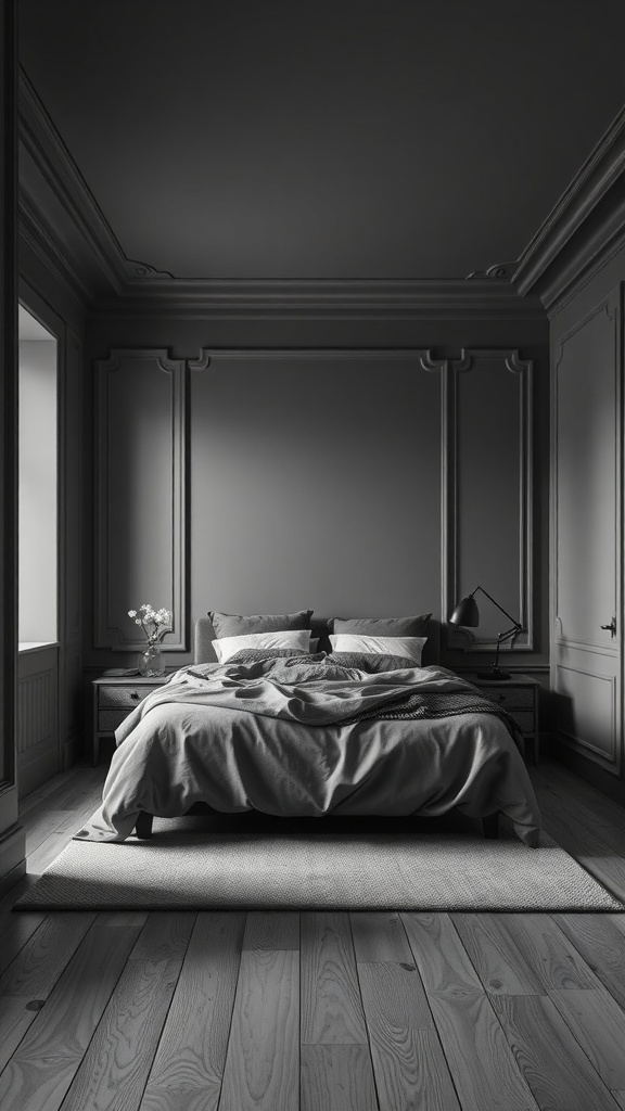 A cozy bedroom featuring slate grey walls and tonal trim, with soft bedding and wooden flooring.