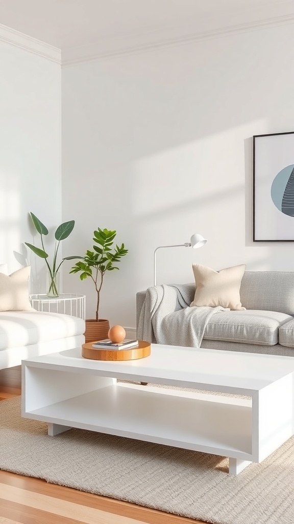A sleek white coffee table in a modern living room with two sofas and a rug.