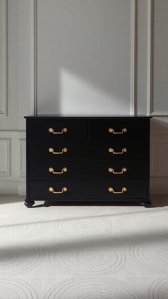 A sleek black chest of drawers with gold handles, set against a light wall.