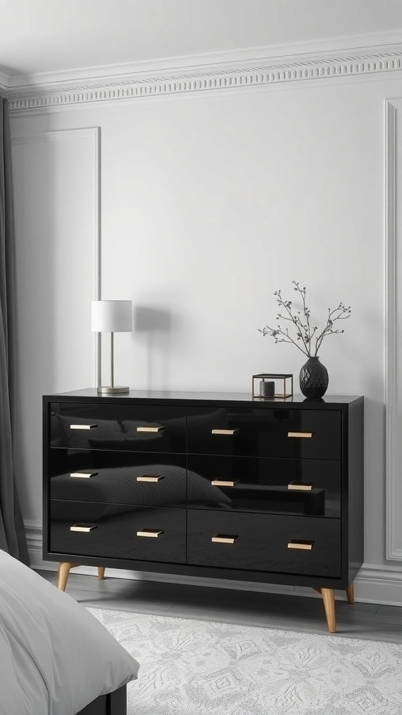 A sleek black dresser with gold handles in a modern black and white bedroom