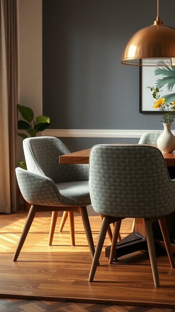 A cozy modern dining room featuring sleek fabric chairs around a round wooden table, with a striking pendant light above.