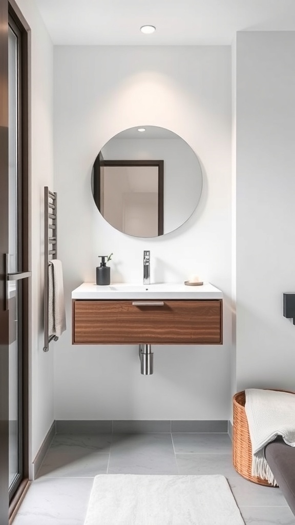 A modern bathroom featuring a sleek floating vanity with a white countertop and wooden base, complemented by a round mirror.