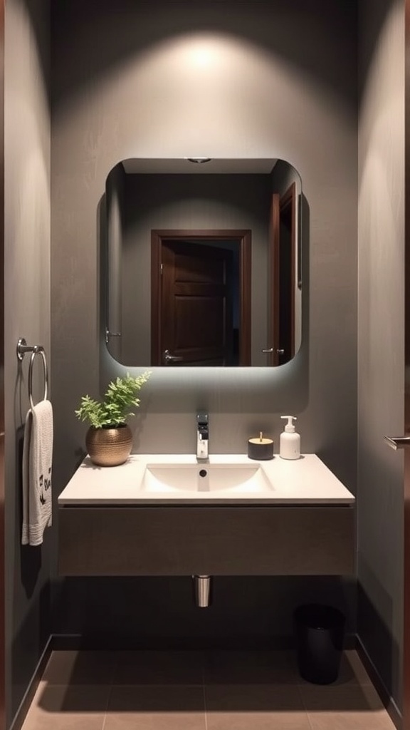 A modern powder room featuring a sleek floating vanity with a minimalist sink and soft lighting.