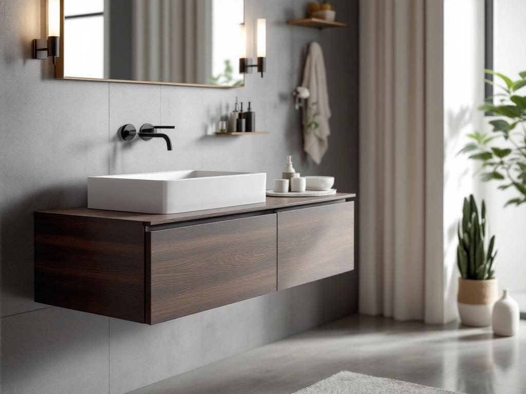 Modern floating vanity in a tropical bathroom with a dark wood finish and white basin.