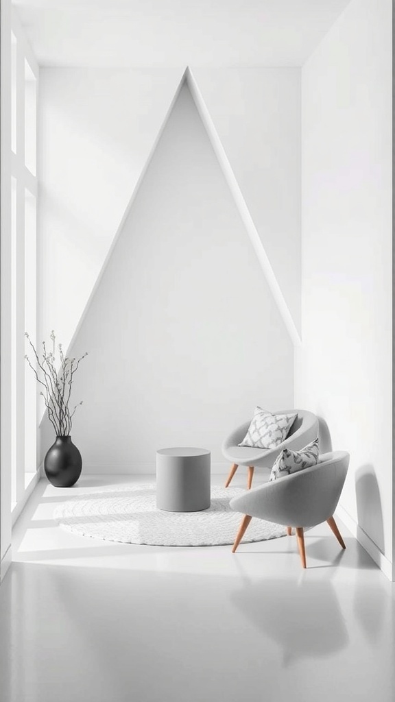 A minimalist triangle nook workspace featuring two gray chairs, a round table, and a black vase with branches.