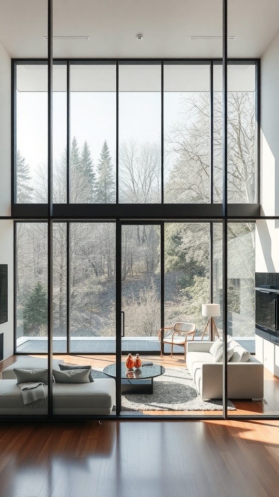 A modern living room with sleek glass and metal-framed panels, showcasing an open-plan design.