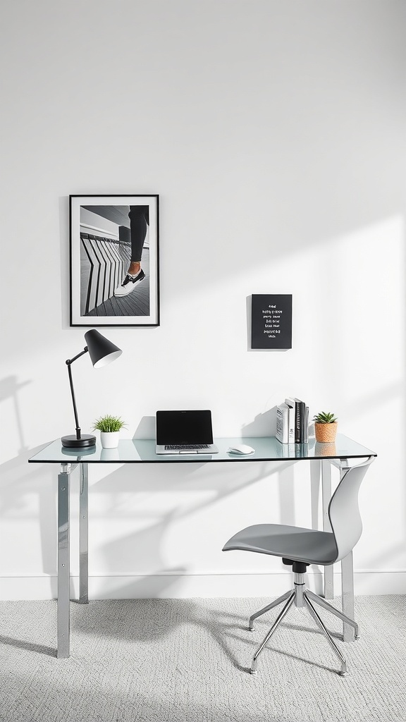 A sleek glass corner desk with a modern design, featuring a chair, lamp, and decorative plants.