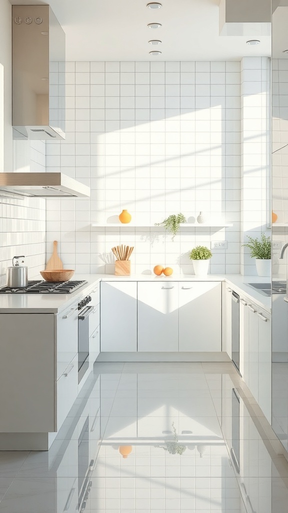A modern kitchen featuring a sleek glass tile backsplash, bright and airy design with white cabinets and natural light.