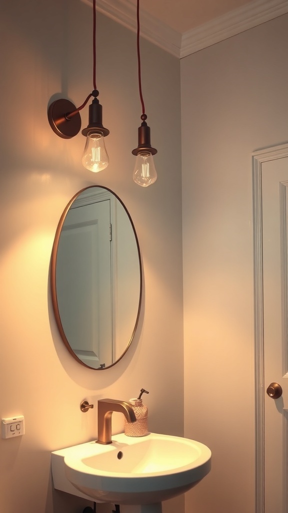 Sleek lighting fixtures in a modern powder room with a round mirror and stylish sink.