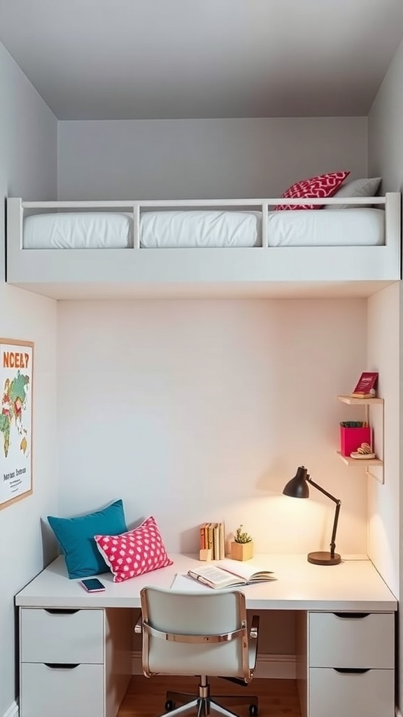 A sleek loft bed with a study area underneath, featuring colorful cushions and a modern desk.