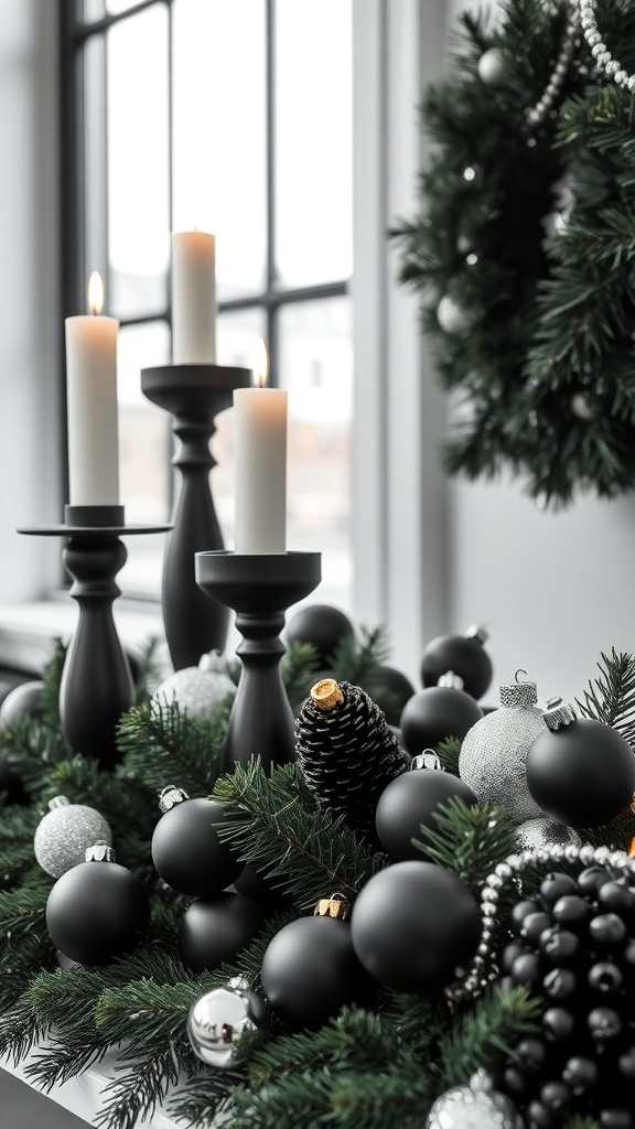 A stylish holiday table arrangement featuring matte black candle holders, black and silver ornaments, and lush greenery.