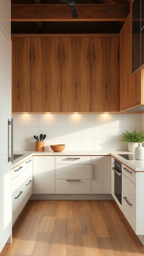 A modern kitchen featuring sleek minimalist cabinetry with light and dark wood tones.