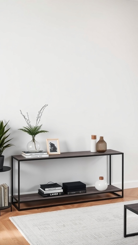 A sleek minimalist console table with a slim profile, featuring a wooden top and metal frame, styled with decorative items.