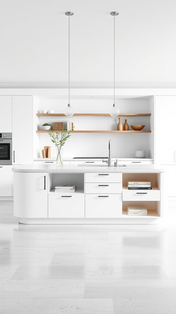 A sleek minimalist kitchen island with integrated storage, featuring white cabinetry and light wood accents.
