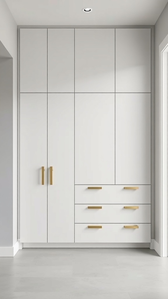 A sleek minimalist storage unit with white cabinetry and gold handles in a modern entryway.