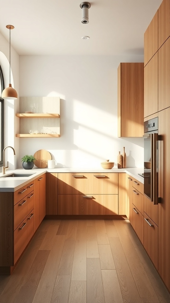 A modern kitchen featuring sleek minimalist wood cabinets, white countertops, and open shelving.