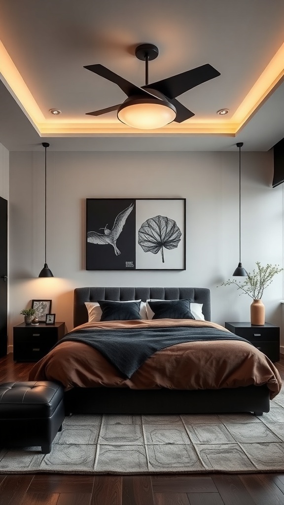 A modern bedroom featuring a brown and black color palette, with a stylish bed, artwork, and elegant lighting.