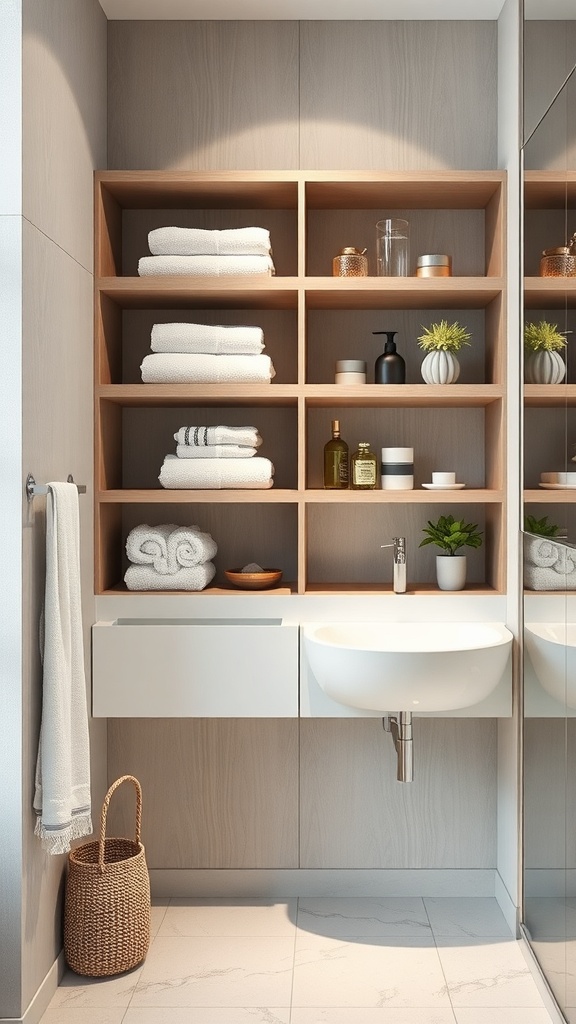 Modern bathroom with open shelving displaying neatly folded towels and decorative items.