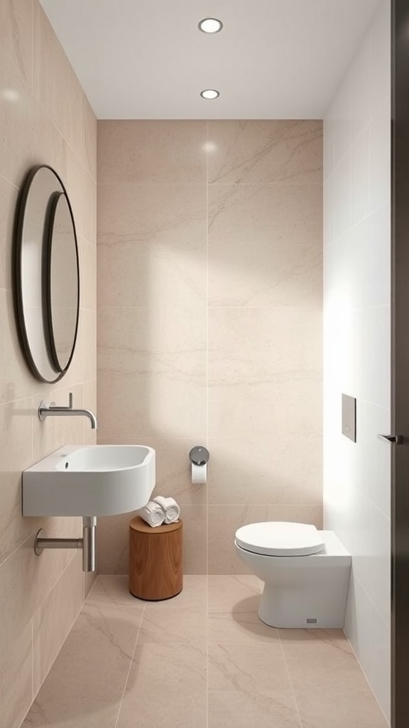 A modern small bathroom with sleek beige porcelain tile flooring, a round mirror, and minimalist fixtures.