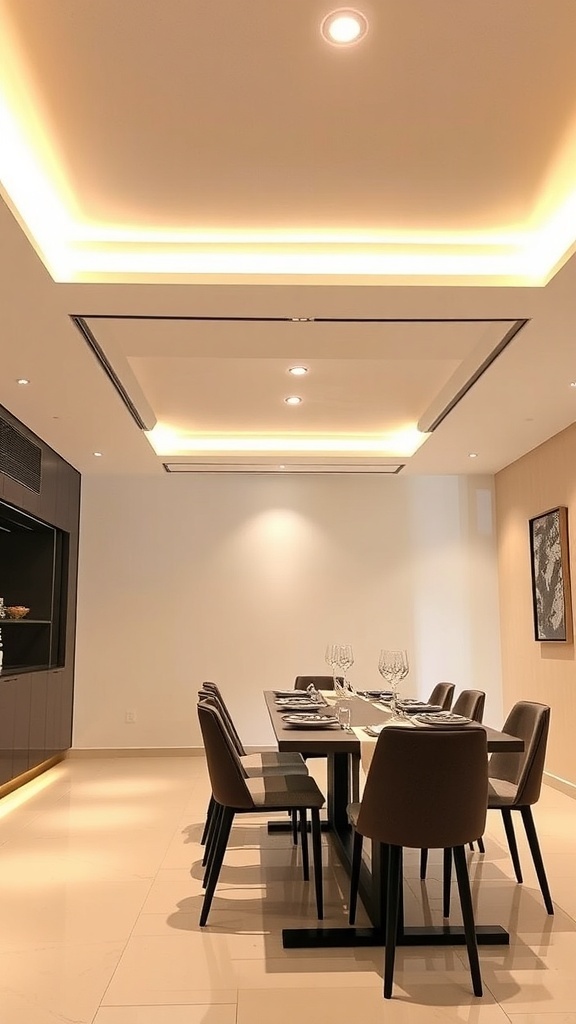 A modern dining room featuring sleek recessed ceiling lights illuminating a dining table.