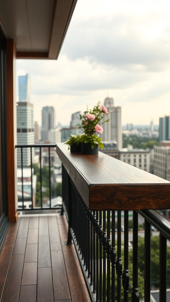 A sleek wooden bar ledge attached to a balcony railing with a city view in the background.