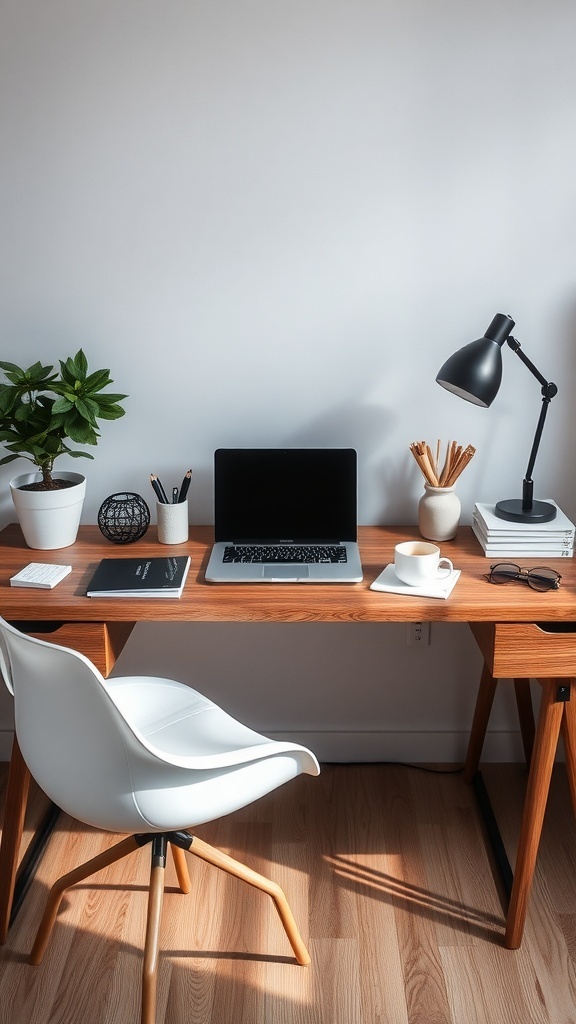 A stylish home office featuring a sleek wooden desk, laptop, and minimalist decor.